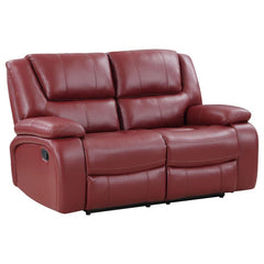 Make seating a primary function in a living space with this elegant two-seater reclining loveseat. Kick back in comfort to watch sports, movies, or to read, enjoying a smooth red leatherette upholstered loveseat with plump cushioning in structured backs a