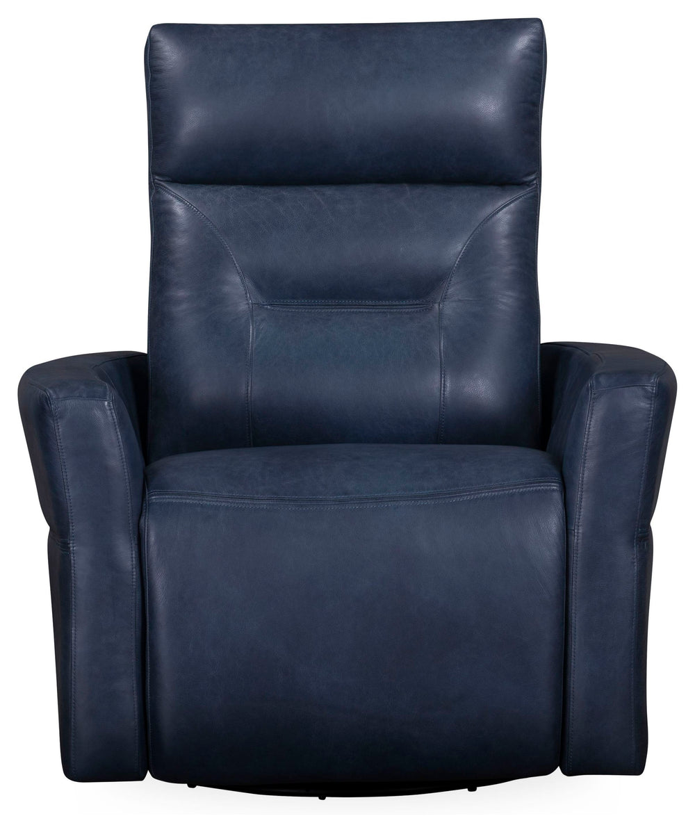 Remmington offers a power recline and an adjustable power headrest for ideal relaxation. It swivels and glides easily and is made from high-quality top-grain leather. Featuring detailed stitching, it presents a polished look. The slightly curved arms prov