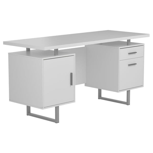 Chic and modern, this wooden writing desk creates a gorgeous focal point in any home office. Sleek lines of silver finished metal create a sturdy foundation for its stylish design. A rectangular, floating tabletop adds visual intrigue to its clean silhoue