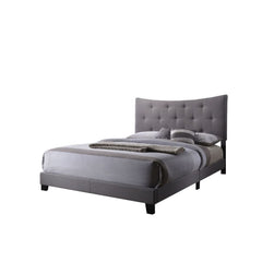 The Venecha platform bed is stunning with its soft concave arch in the headboard that also features button tufting. The side rails and platform footboard are also wrapped in the gray fabric and supported by wood feet and headboard posts. This bed would wo