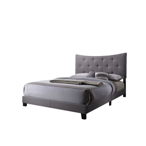 The Venecha platform bed is stunning with its soft concave arch in the headboard that also features button tufting. The side rails and platform footboard are also wrapped in the gray fabric and supported by wood feet and headboard posts. This bed would wo