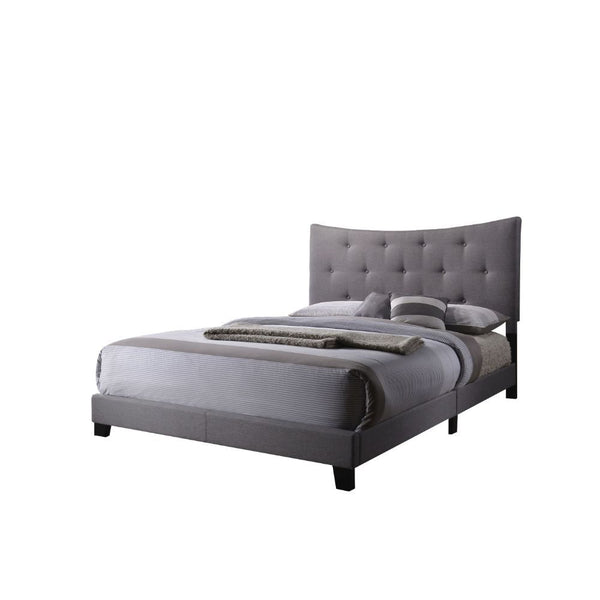 The Venecha platform bed is stunning with its soft concave arch in the headboard that also features button tufting. The side rails and platform footboard are also wrapped in the gray fabric and supported by wood feet and headboard posts. This bed would wo