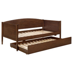 This modern classic-style daybed with trundle combines timeless design with practical functionality. The camelback silhouette and square tapered leg posts add elegant touches to its structure. Crafted from Asian hardwood, walnut veneer, MDF, and plywood, 