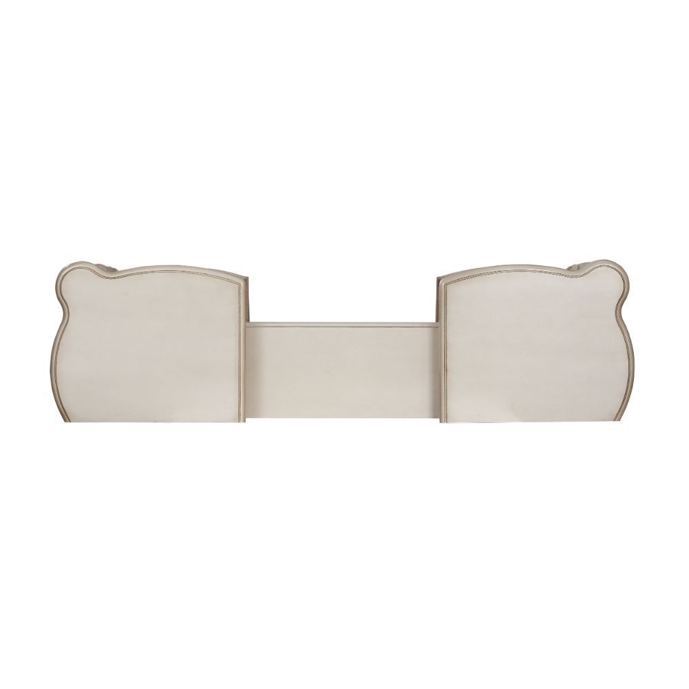 Gorsedd - Vanity Desk & Mirror - Antique White - 71-"<br/><br/><b>Product Features</b><ul><li>Exclusive Design</li><li>Rectangular Vanity Desk, Mirror & Stool</li><li>Raised Scrolled-Floral Moldings with Brushed Finish</li><li>Storage: Vanity Desk w/Drawe