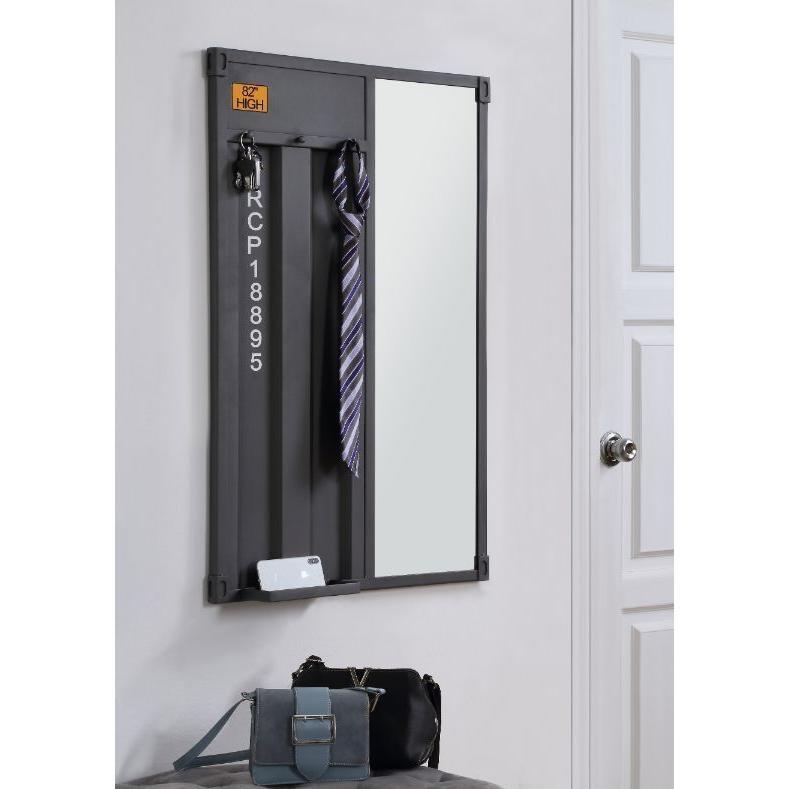 Bold industrial accents exude a funky New York loft vibe that makes an immediate impact to your space. The Cargo Mirror embodies true industrial design with warehouse style. It features a unique shipping container look panel with gunmetal finish enhancing