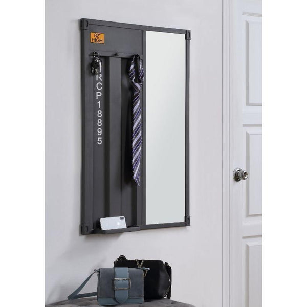 Bold industrial accents exude a funky New York loft vibe that makes an immediate impact to your space. The Cargo Mirror embodies true industrial design with warehouse style. It features a unique shipping container look panel with gunmetal finish enhancing