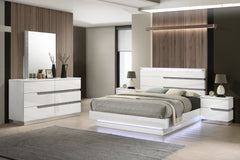 The Paradox 5 Piece Platform Bedroom Set in White is the epitome of modern elegance and functional design. This set includes a platform bed along with a dresser, mirror, and 2 nightstands. The gleaming white gloss laminate finish offers a sleek, contempor