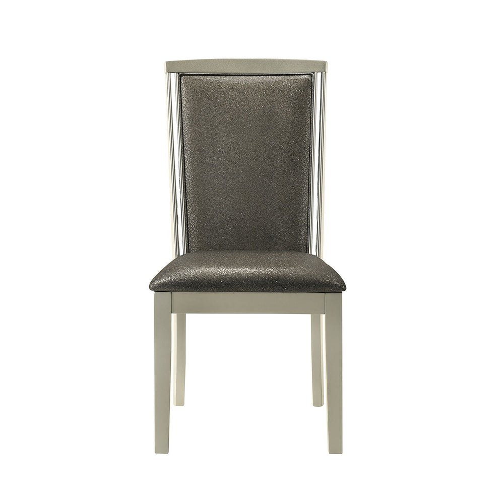 Experience the durability and elegance of the Lumina Dining Chairs, a set of two crafted from solid Rubberwood for lasting stability. Their high gloss gray finish perfectly complements the shimmering silver upholstery, adding a touch of glamour to any mod