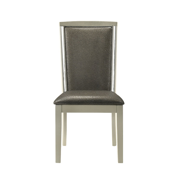  a set of two crafted from solid Rubberwood for lasting stability. Their high gloss gray finish perfectly complements the shimmering silver upholstery