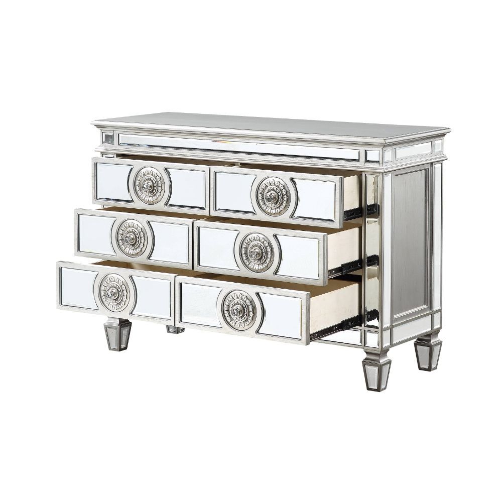 Server Storage: 6 Drawers Wooden Top & Frame, Raised Trim, Beveled-Mirror Inlay ((Door/Drw/Case), Tapered Leg CONSTRUCTION] Wooden Frame: Beveled Mirror, Wood (Poplar+Rbw), MDF Mirrored Tapered Leg Drawer: GLIDE Side Metal, HARDWARE: Single Crystal-like P