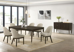 Elevate your dining area with this sophisticated dining set, featuring an ash brown table, six upholstered chairs, and a matching sideboard. The extendable table, made with engineered wood, Asian hardwood, and ash veneer, expands from 63 to 81 inches with