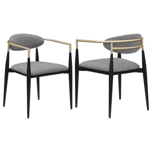 Refresh your dining table with the modern glam flair of a set of two armchairs. Perfect for family and friends, the chair offers impeccable comfort with a padded seat and an oval-shaped backrest with a gentle curvature for excellent support. Its metal fra