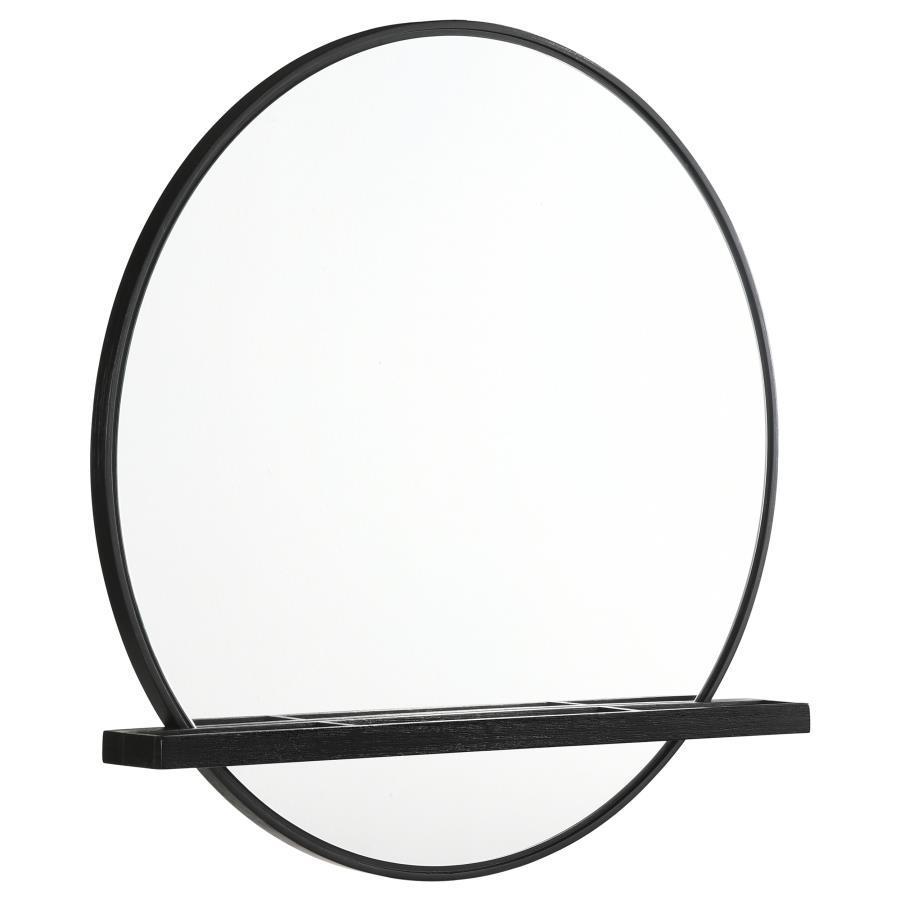 Complete your bedroom or dressing area with a modern round wall mirror. Great over your dresser or alone, the mirror features a crisp black frame finish. Its round profile includes flat glass, with a jewelry tray built in. The tray crosses horizontally lo