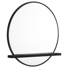 Complete your bedroom or dressing area with a modern round wall mirror. Great over your dresser or alone, the mirror features a crisp black frame finish. Its round profile includes flat glass, with a jewelry tray built in. The tray crosses horizontally lo
