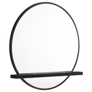 Complete your bedroom or dressing area with a modern round wall mirror. Great over your dresser or alone, the mirror features a crisp black frame finish. Its round profile includes flat glass, with a jewelry tray built in. The tray crosses horizontally lo