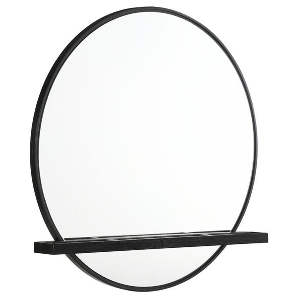 Complete your bedroom or dressing area with a modern round wall mirror. Great over your dresser or alone, the mirror features a crisp black frame finish. Its round profile includes flat glass, with a jewelry tray built in. The tray crosses horizontally lo