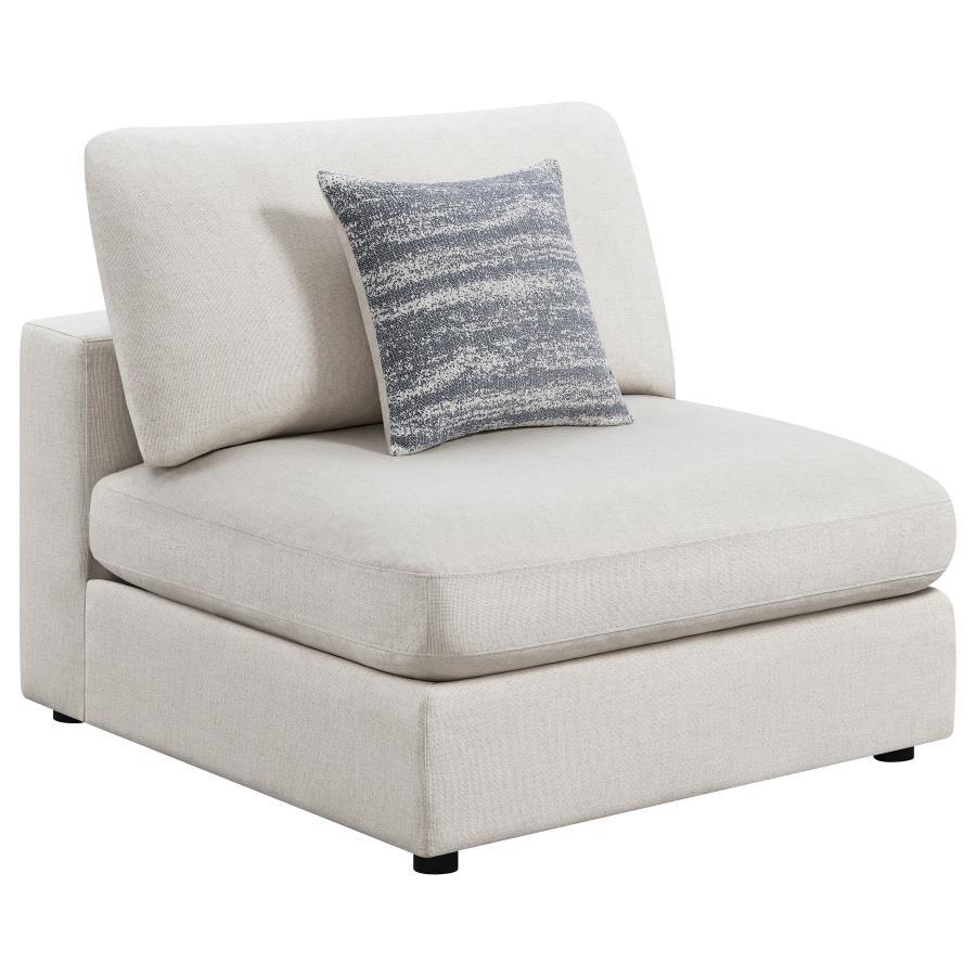 Create your own modular home setup with this plush, armless chair. It entices you to sink into its deep, comfortable cushions. The chair can function alone, as well as part of a larger sectional sofa. The simple lines of the piece add up to a comfy, easy-