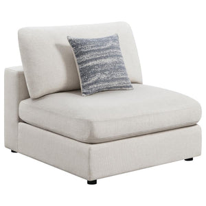 Create your own modular home setup with this plush, armless chair. It entices you to sink into its deep, comfortable cushions. The chair can function alone, as well as part of a larger sectional sofa. The simple lines of the piece add up to a comfy, easy-