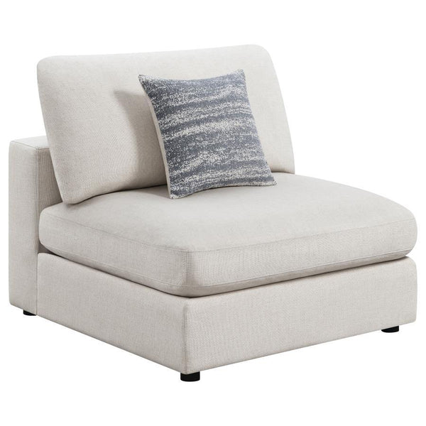 Create your own modular home setup with this plush, armless chair. It entices you to sink into its deep, comfortable cushions. The chair can function alone, as well as part of a larger sectional sofa. The simple lines of the piece add up to a comfy, easy-