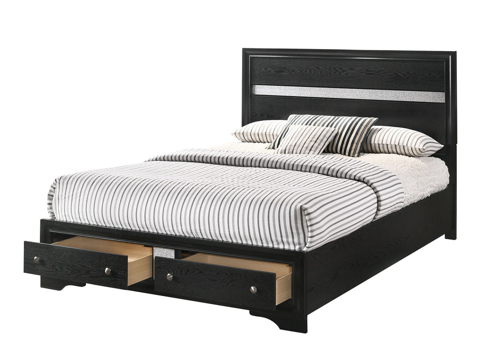 This bedroom set offers a sophisticated and cohesive look with its dark-toned wood and elegant design. The bed stands out with a high headboard featuring a shimmering silver accent, giving it a luxurious feel. The set includes a bed with storage drawers a