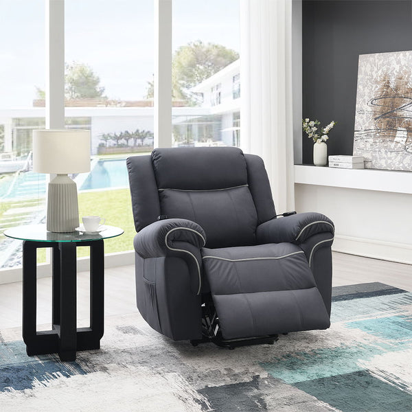 Experience ultimate comfort with the Domana power recliner, featuring lift, heating, and massage functions, all upholstered in luxurious dark blue fabric. The pocket coil seat construction and tight seat and back cushions ensure maximum support and relaxa