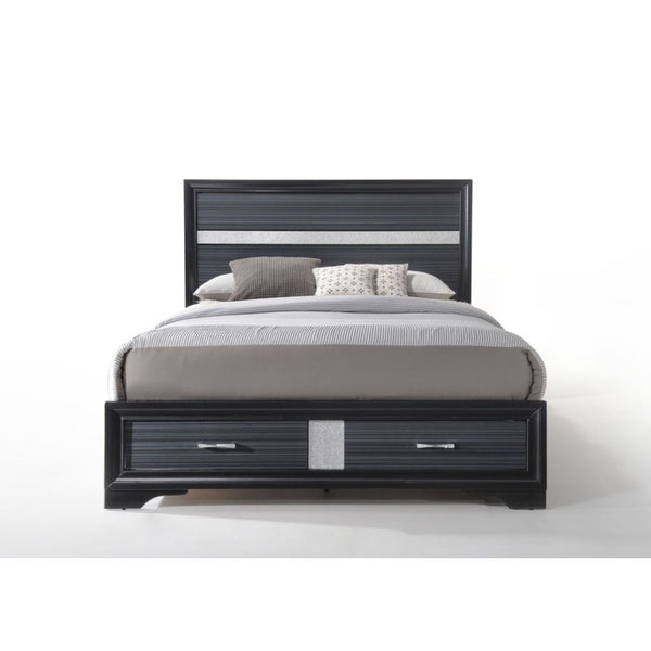  and storage footboard in rich black finish with contrasting light gray trim panel