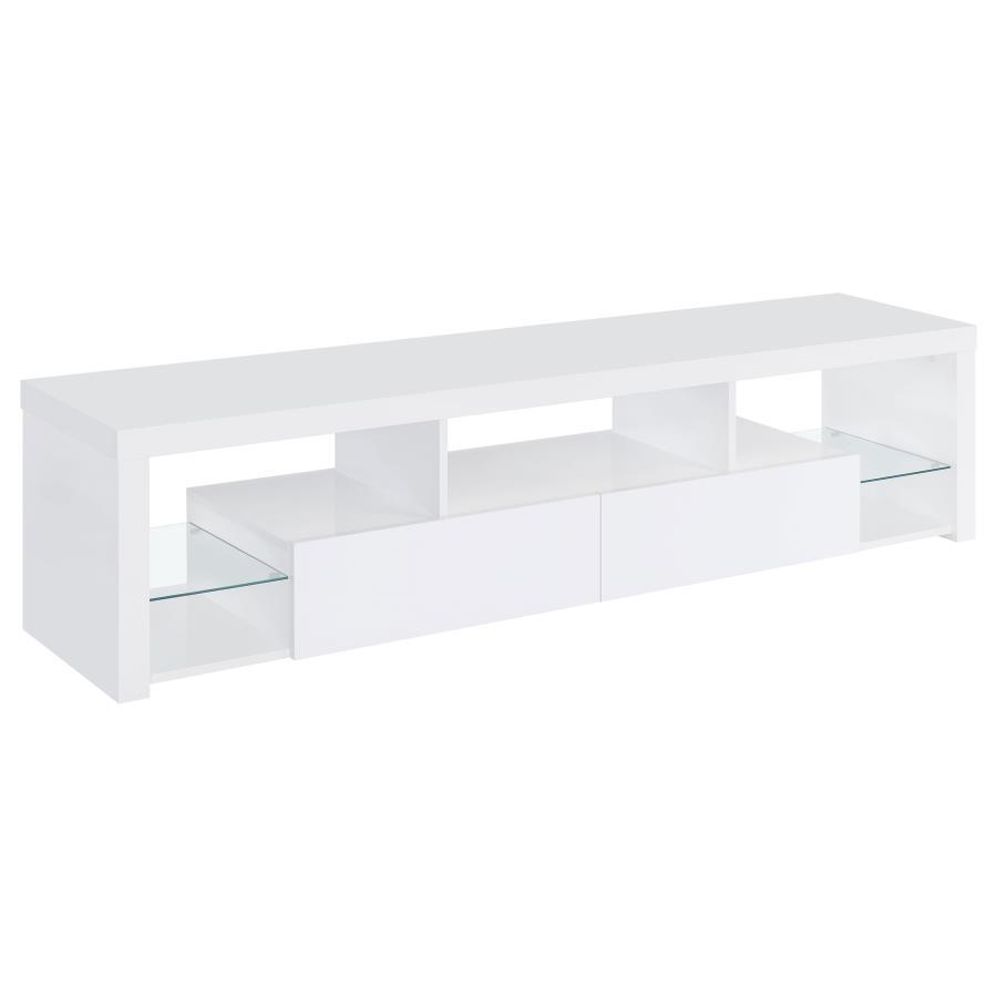 Elevate your entertainment realm with our sleek, modern TV stand. With a pristine glossy white finish and clear glass accents, it exudes elegance. Beyond looks, it-'s the epitome of functionality. Soft-close drawers glide effortlessly, housing your gadget