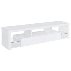 Elevate your entertainment realm with our sleek, modern TV stand. With a pristine glossy white finish and clear glass accents, it exudes elegance. Beyond looks, it-'s the epitome of functionality. Soft-close drawers glide effortlessly, housing your gadget