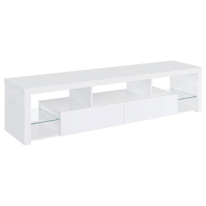 Elevate your entertainment realm with our sleek, modern TV stand. With a pristine glossy white finish and clear glass accents, it exudes elegance. Beyond looks, it-'s the epitome of functionality. Soft-close drawers glide effortlessly, housing your gadget