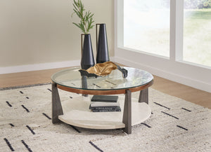  the Frazwa coffee table is totally brilliant. Solid wood legs and a faux travertine shelf merge splendidly with the metal frame for a fresh