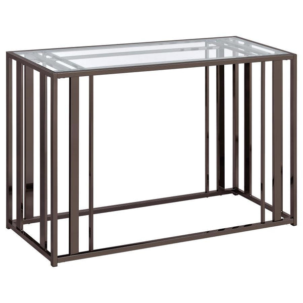 This modern rectangular console table features a clear tempered glass top paired with a geometric base crafted from heavy-gauge metal with a sleek electroplated finish. The open design creates a contemporary aesthetic, offering both elegance and durabilit