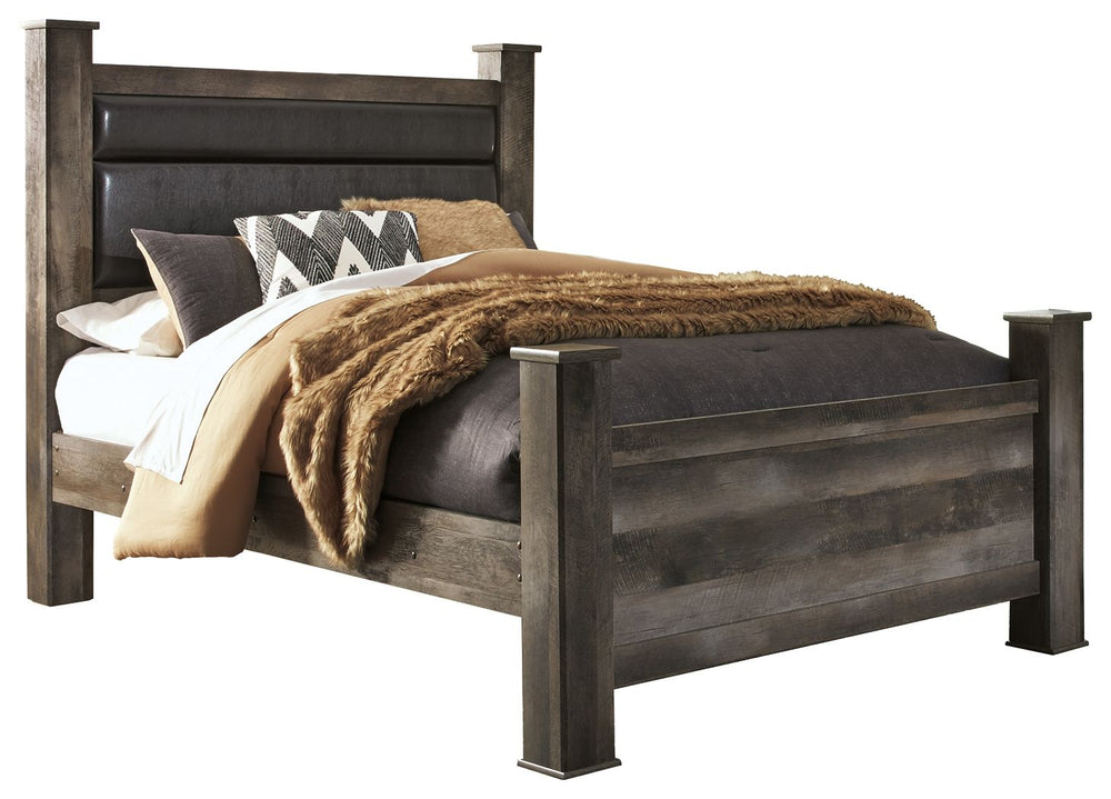 This queen upholstered poster bed is sure to win your heart with its daring designer take on modern rustic. The crisp, clean and minimalist-chic profile is enriched by a striking replicated oak grain with thick plank styling and a weathered gray finish fo