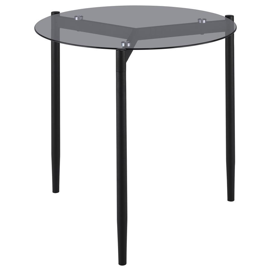 This contemporary end table showcases a tempered smoked glass top that brings both style and durability to your living space. Supported by a sturdy metal base with a black powder-coated sandy texture, it offers a sleek and modern look. Ideal as an accent 