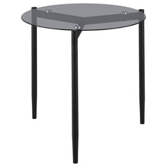This contemporary end table showcases a tempered smoked glass top that brings both style and durability to your living space. Supported by a sturdy metal base with a black powder-coated sandy texture, it offers a sleek and modern look. Ideal as an accent 