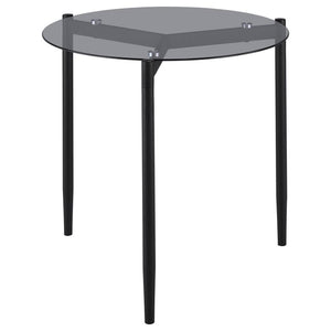 This contemporary end table showcases a tempered smoked glass top that brings both style and durability to your living space. Supported by a sturdy metal base with a black powder-coated sandy texture, it offers a sleek and modern look. Ideal as an accent 
