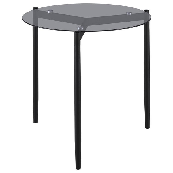 This contemporary end table showcases a tempered smoked glass top that brings both style and durability to your living space. Supported by a sturdy metal base with a black powder-coated sandy texture, it offers a sleek and modern look. Ideal as an accent 