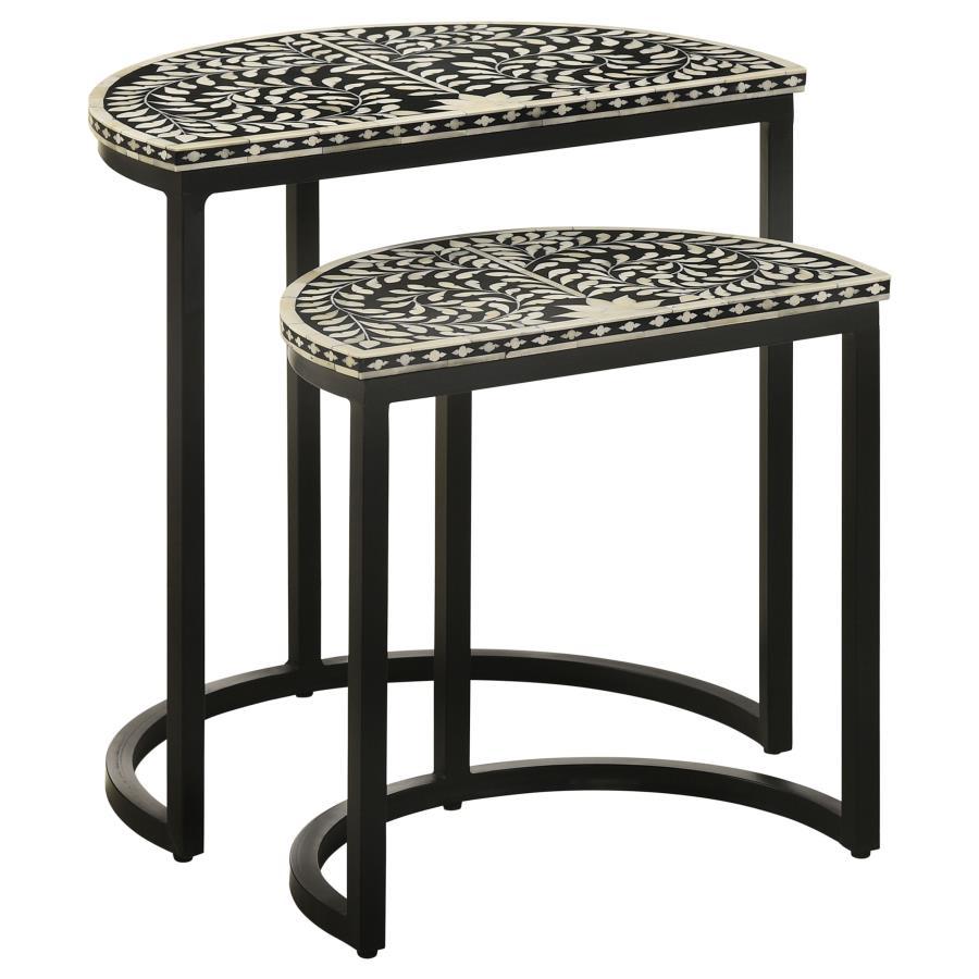 Artisan and exotic describes this elegant nesting table set with two tables that bring pure style to any living space. The Zakiya two-piece nesting table set conquers your serving needs while adding a bold and exquisite aesthetic. Set up a living room to 