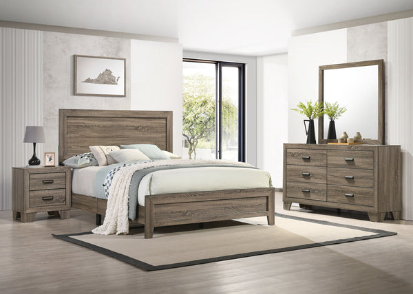 This bedroom set offers a minimalist design with a nod to rustic aesthetics, perfect for creating a serene and uncluttered space. The straightforward lines of the bed frame, combined with the natural wood finish, exude a sense of calm and earthiness. The 