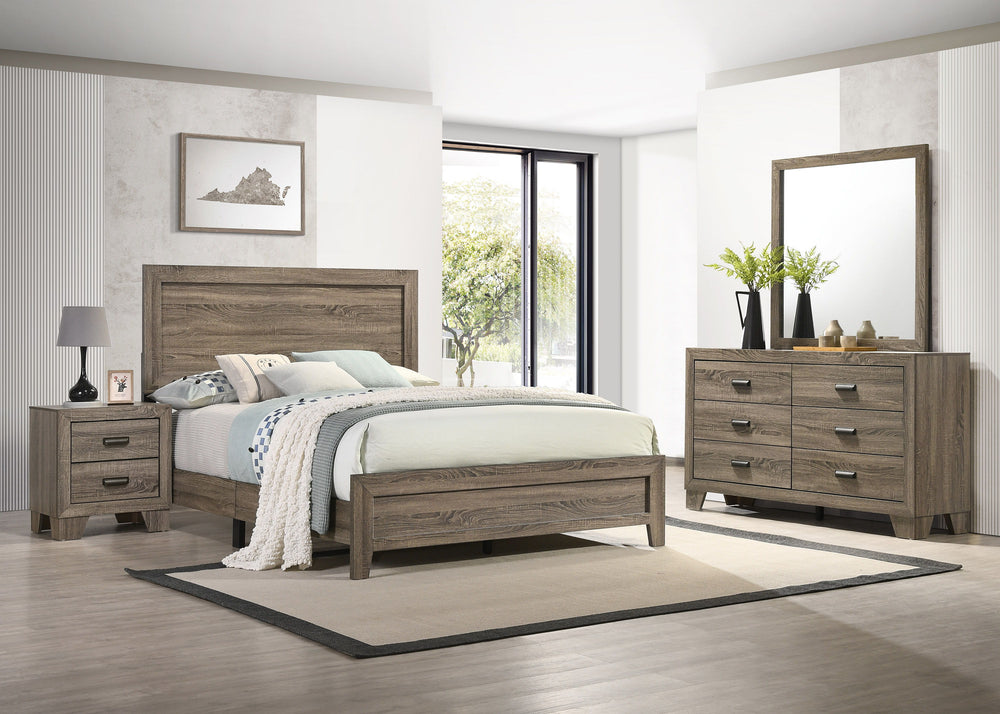 This bedroom set offers a minimalist design with a nod to rustic aesthetics, perfect for creating a serene and uncluttered space. The straightforward lines of the bed frame, combined with the natural wood finish, exude a sense of calm and earthiness. The 