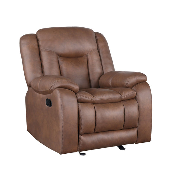 The Morello Glider Recliner in Brown is designed to bring comfort and style to your living space. Upholstered in sumptuously soft 100% polyester fabric in a saddle brown color, this recliner mimics the look of leather without the higher price tag. The Mor