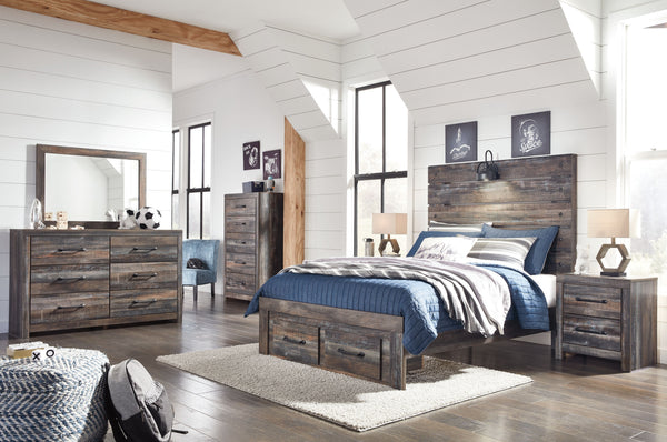  rustic and industrial styles can make one happy marriage. Case in point: this full panel bed with storage. A refined take on barn board beauty