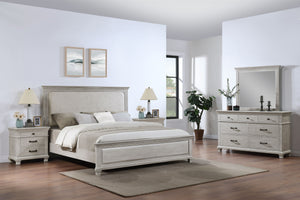 The Silver Sands 5 Piece Wood Bedroom Set in Gray is the epitome of durability and style, making it an ideal choice for any bedroom. This set includes an upholstered panel bed, a dresser, a mirror, and two nightstands, providing a comprehensive solution f