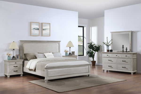 The Silver Sands 5 Piece Wood Bedroom Set in Gray is the epitome of durability and style, making it an ideal choice for any bedroom. This set includes an upholstered panel bed, a dresser, a mirror, and two nightstands, providing a comprehensive solution f