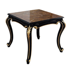 In a modern shiny piano black and gold colorway, the Betria end table is both contemporary and timeless. Gold paint accentuates the carved details against the black foundation. Engineered stone makes up the tabletop for an eye-catching and durable finish.