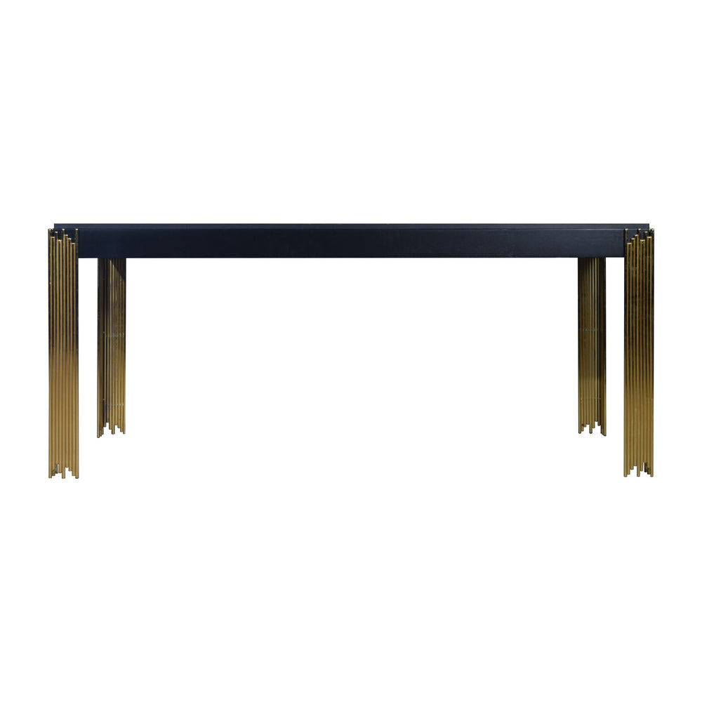 Introducing the Empire Dining Table, a stylish centerpiece for your dining area. Crafted with eco-friendly materials and a sleek black finish, this table exudes contemporary elegance while ensuring durability. Its gleaming gold tiered legs evoke the encha
