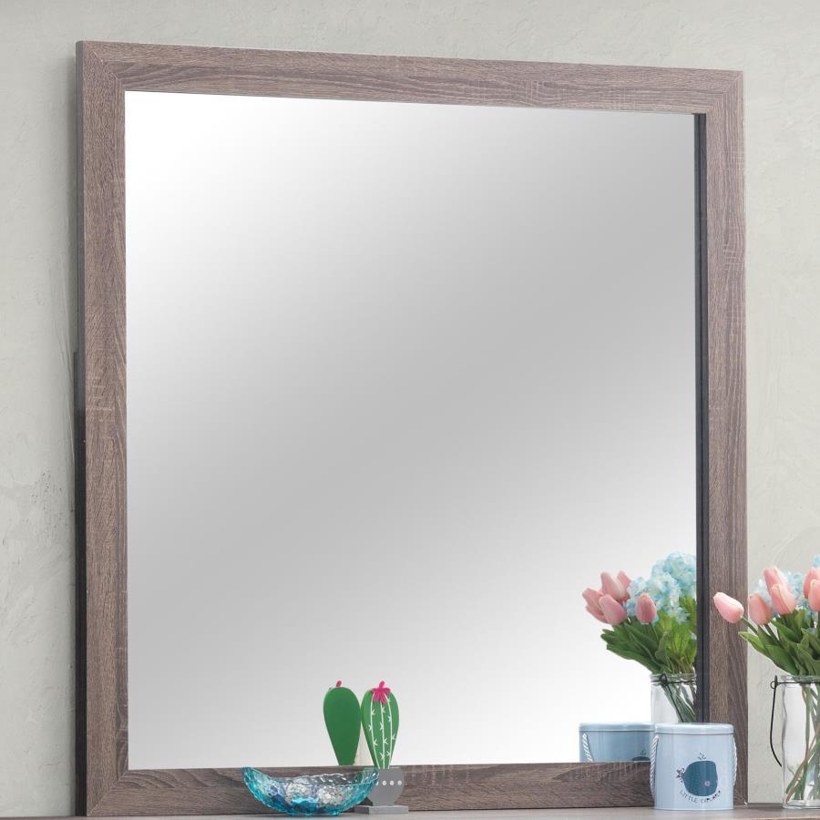This dresser mirror offers a stylish and functional addition to any bedroom. Designed to pair with the matching dresser, its clean-lined rectangular frame enhances contemporary and modern spaces. Crafted from engineered wood with a durable laminate veneer