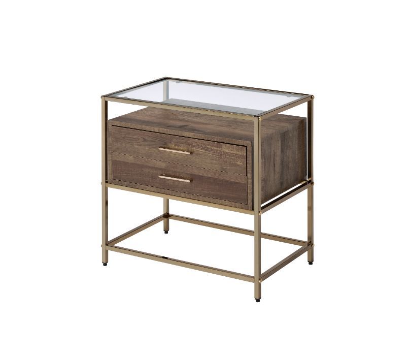 KD 2 Storage Drawers 1/2 Extension Drawer Glide Metal Frame Top Thickness: 5 mm Glass<br/><br/><b>Product Features</b><ul><li>Case: 1Pc/1Ctn</li><li>Finish: Walnut & Champagne Finish</li><li>Style: Contemporary</li><li>Materials: Composite Wood, Metal</li