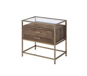 KD 2 Storage Drawers 1/2 Extension Drawer Glide Metal Frame Top Thickness: 5 mm Glass<br/><br/><b>Product Features</b><ul><li>Case: 1Pc/1Ctn</li><li>Finish: Walnut & Champagne Finish</li><li>Style: Contemporary</li><li>Materials: Composite Wood, Metal</li