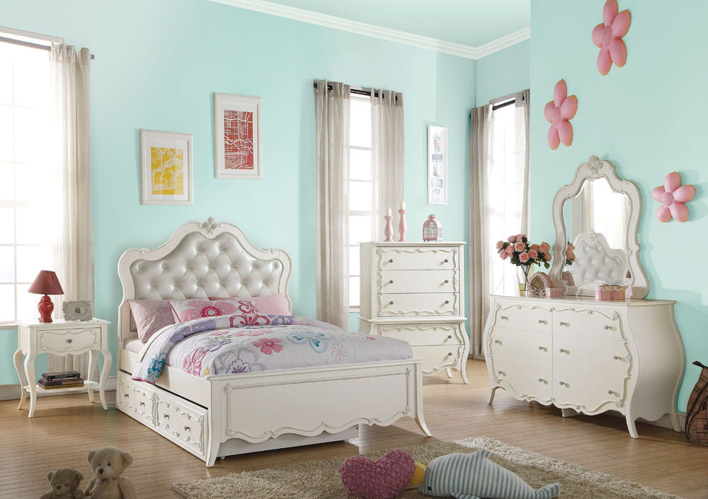 Create the dream bedroom for your little girl with Edalene collection. Beautiful accents are seen throughout including clear rosette knobs and tapered legs. The bed features a pearl white tufted headboard. With many storage options and details like floral