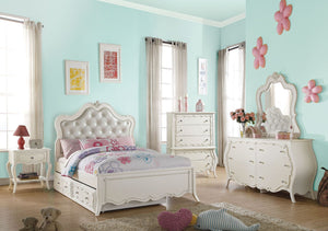 Create the dream bedroom for your little girl with Edalene collection. Beautiful accents are seen throughout including clear rosette knobs and tapered legs. The bed features a pearl white tufted headboard. With many storage options and details like floral